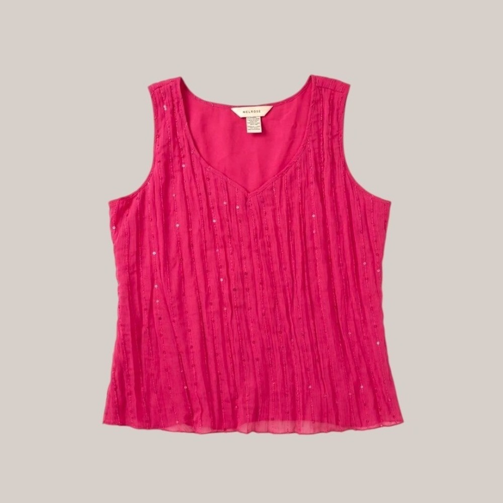 Hot Pink Sequin Pleated  Sleeveless Blouse Size 14 Y2K Barbiecore